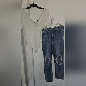 American Eagle Distressed Blue Jeans and White Bodysuit